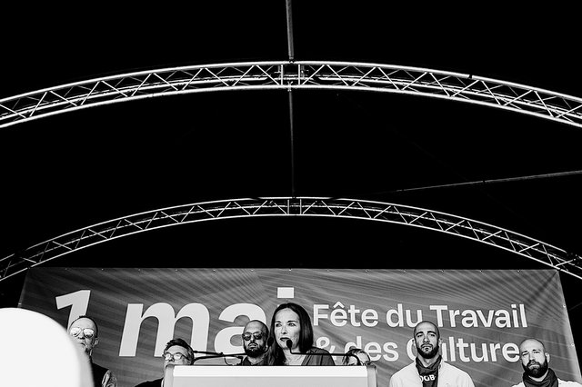 Nora Back et la direction de l’OGBL, lors de la fête du  1er mai au Neimënster